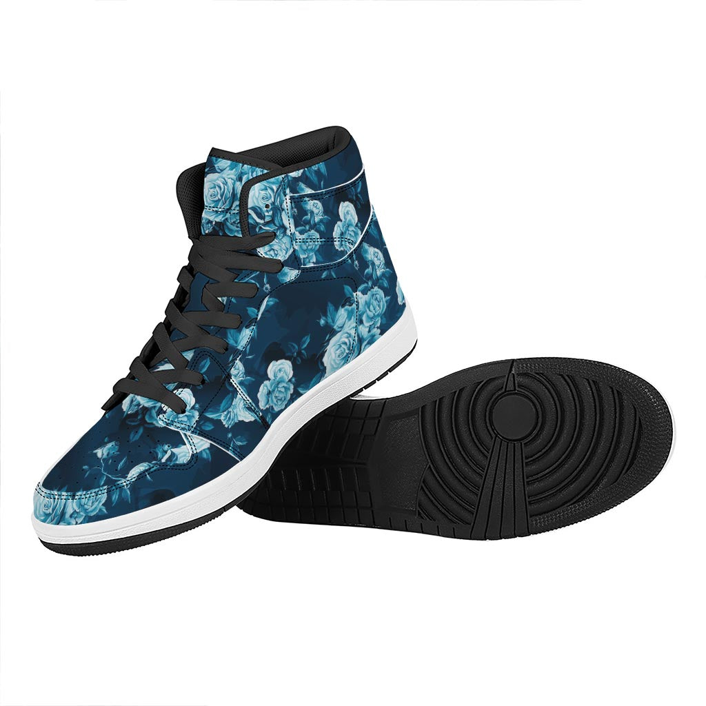Blue Rose Floral Flower Pattern Print High Top Leather Sneakers