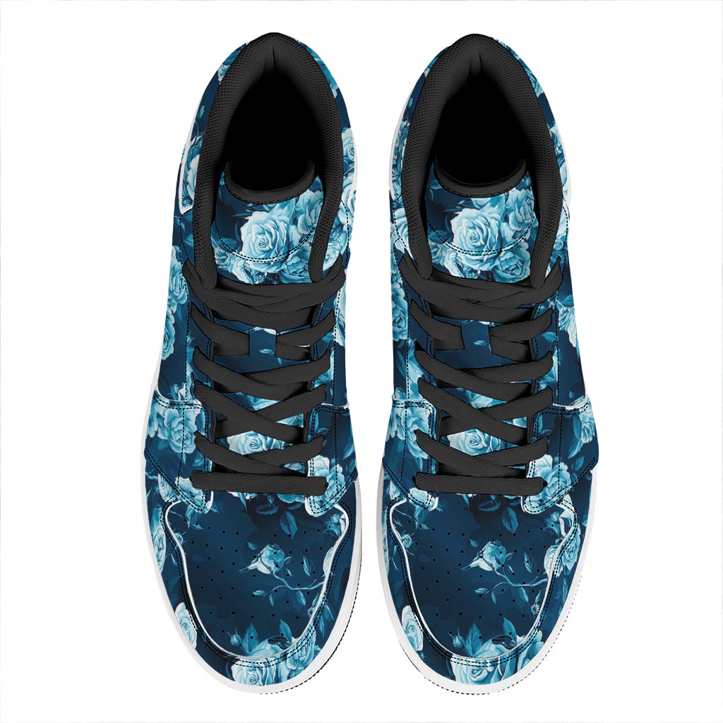 Blue Rose Floral Flower Pattern Print High Top Leather Sneakers