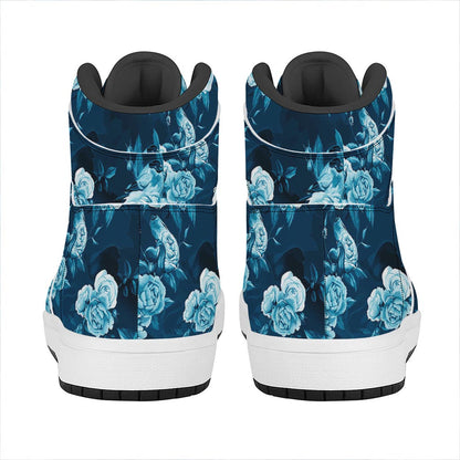 Blue Rose Floral Flower Pattern Print High Top Leather Sneakers