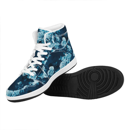 Blue Rose Floral Flower Pattern Print High Top Leather Sneakers