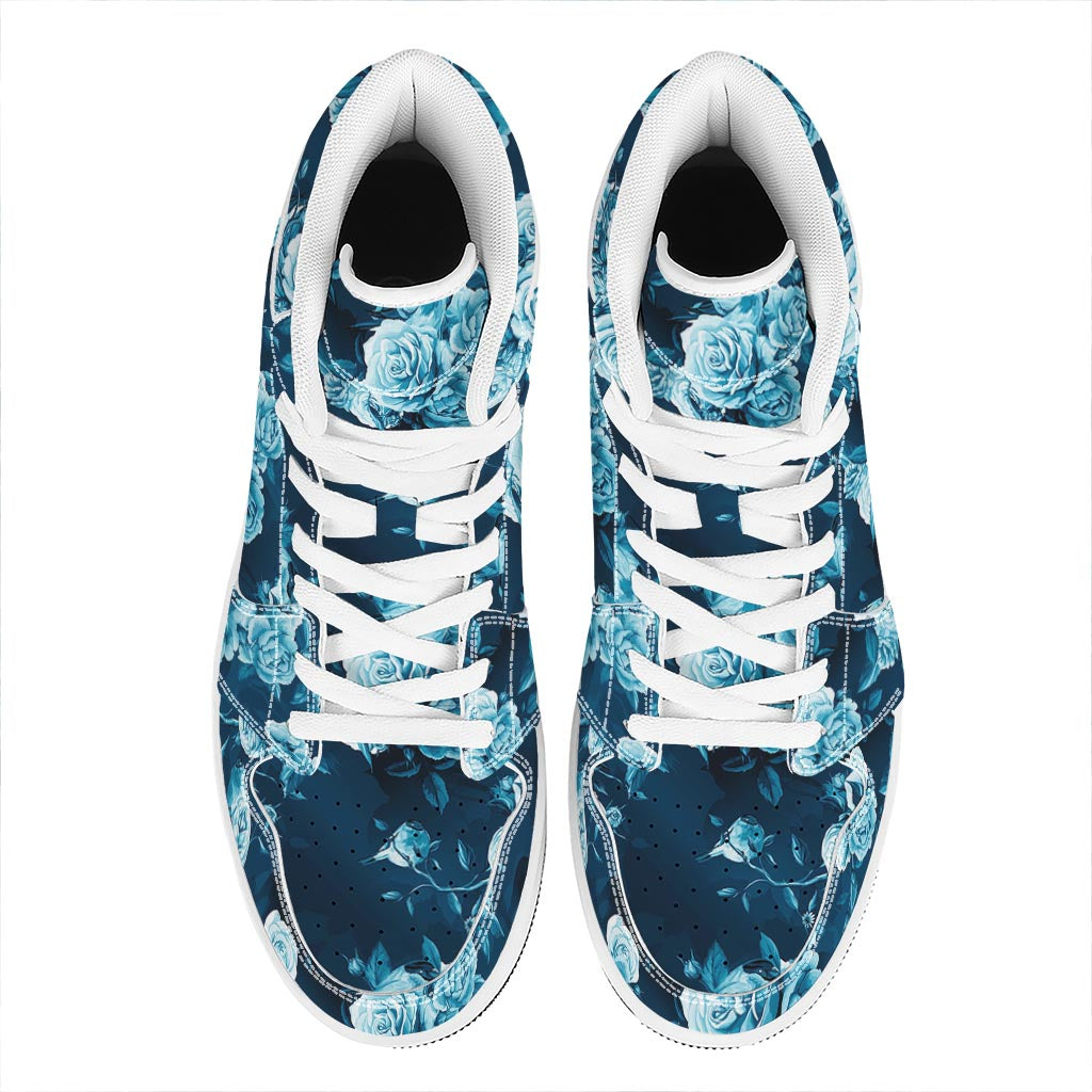 Blue Rose Floral Flower Pattern Print High Top Leather Sneakers