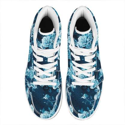 Blue Rose Floral Flower Pattern Print High Top Leather Sneakers