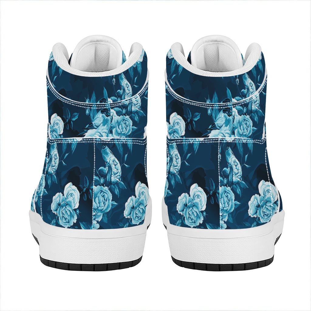 Blue Rose Floral Flower Pattern Print High Top Leather Sneakers
