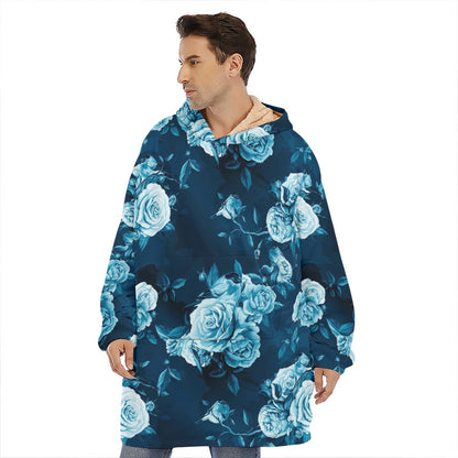 Blue Rose Floral Flower Pattern Print Hoodie Blanket