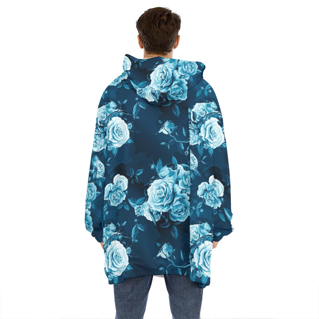 Blue Rose Floral Flower Pattern Print Hoodie Blanket