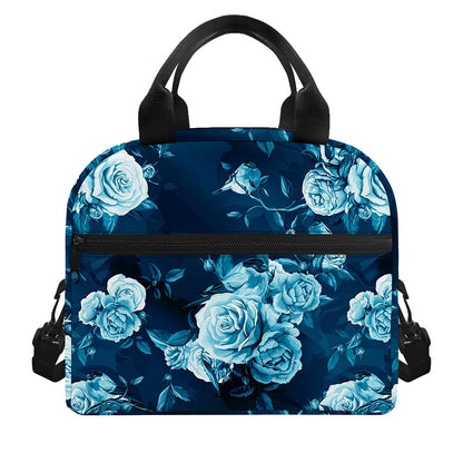 Blue Rose Floral Flower Pattern Print Insulated Lunch Bag