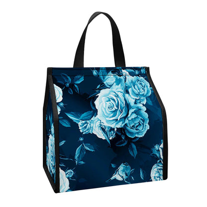 Blue Rose Floral Flower Pattern Print Insulated Lunch Tote