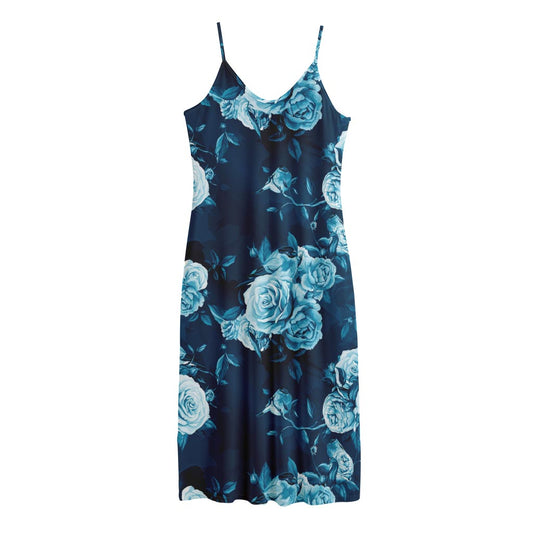 Blue Rose Floral Flower Pattern Print Jersey Midi Cami Dress