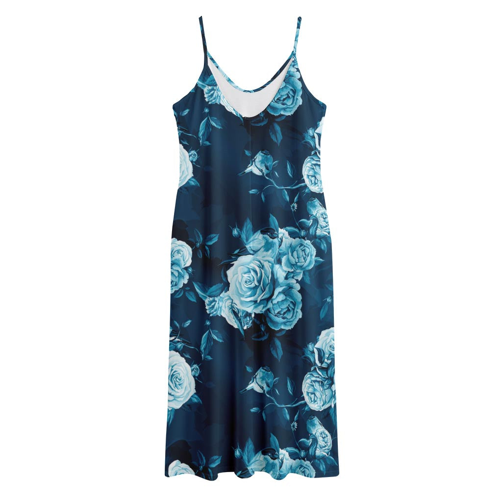 Blue Rose Floral Flower Pattern Print Jersey Midi Cami Dress