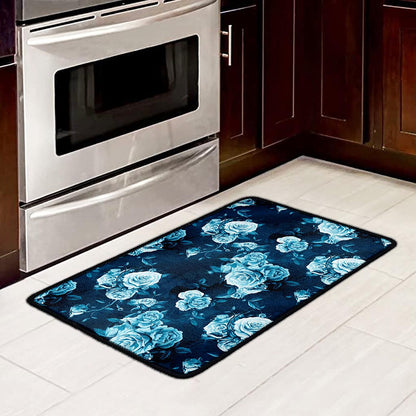 Blue Rose Floral Flower Pattern Print Kitchen Mat