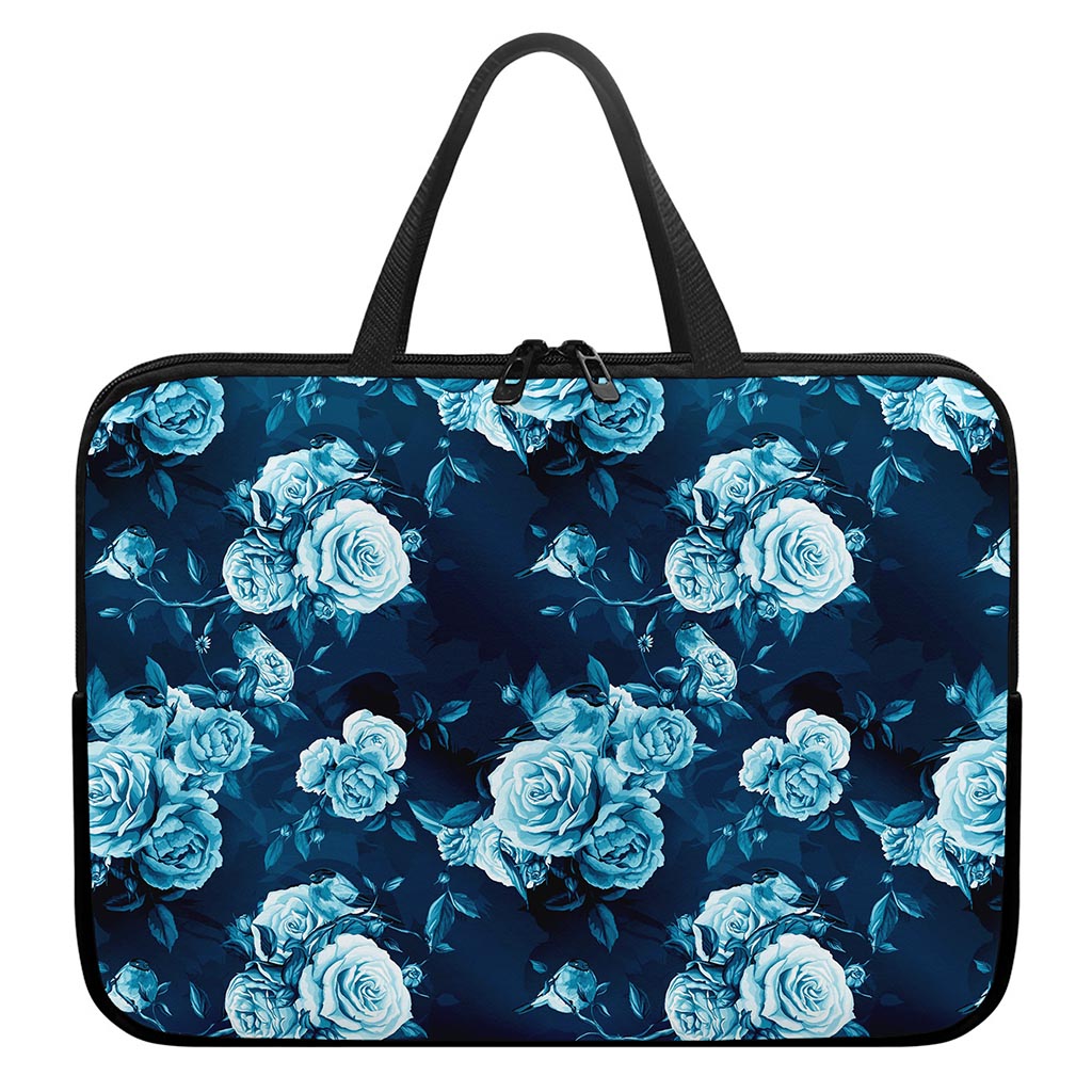 Blue Rose Floral Flower Pattern Print Laptop Sleeve With Handle