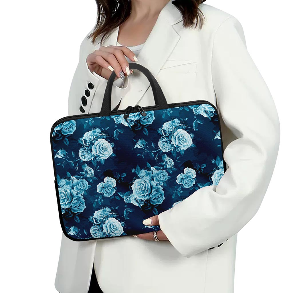 Blue Rose Floral Flower Pattern Print Laptop Sleeve With Handle