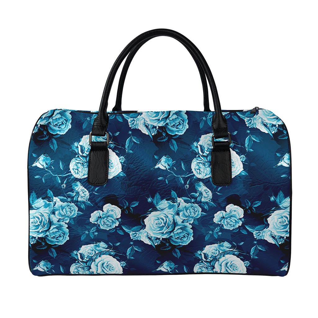 Blue Rose Floral Flower Pattern Print Leather Duffle Bag