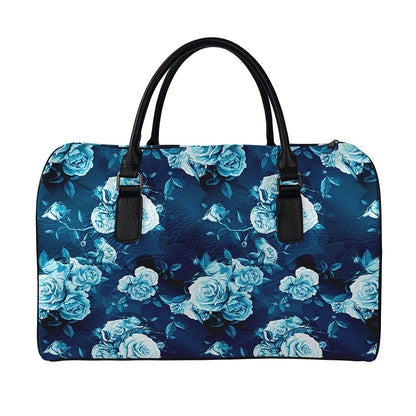 Blue Rose Floral Flower Pattern Print Leather Duffle Bag