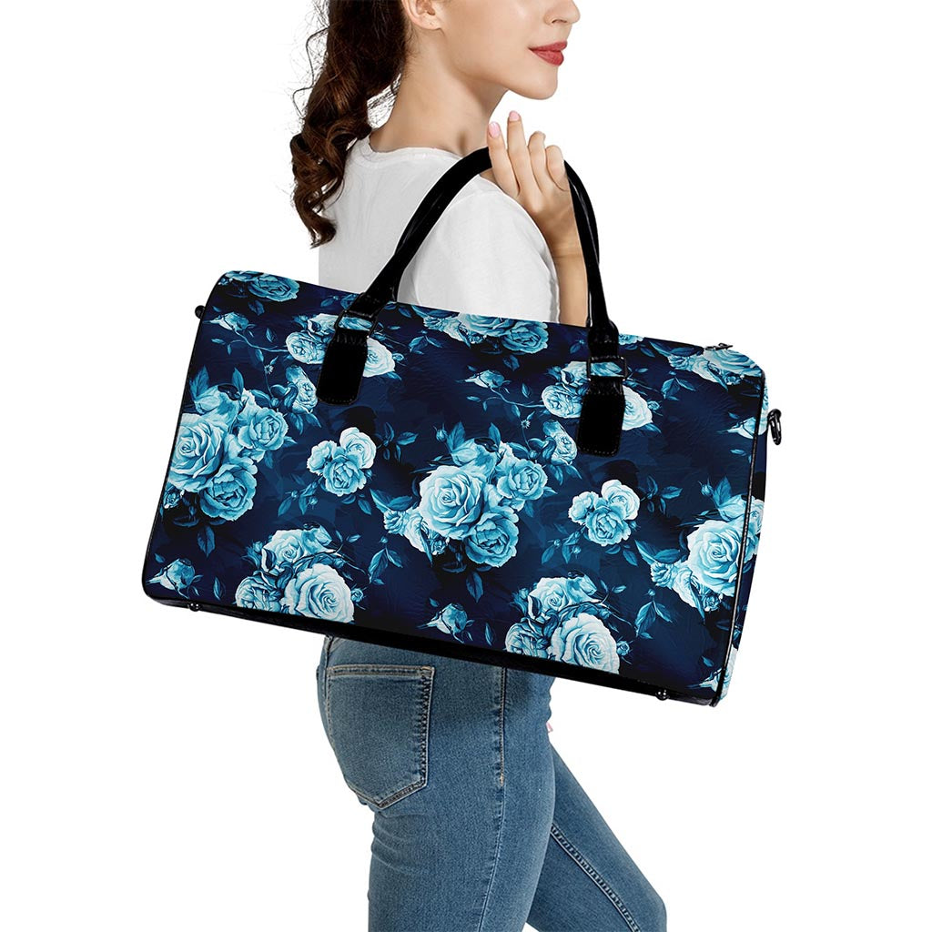 Blue Rose Floral Flower Pattern Print Leather Duffle Bag