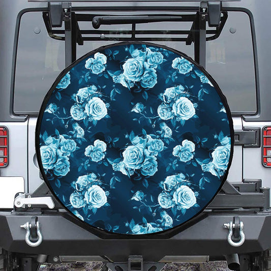 Blue Rose Floral Flower Pattern Print Leather Spare Tire Cover