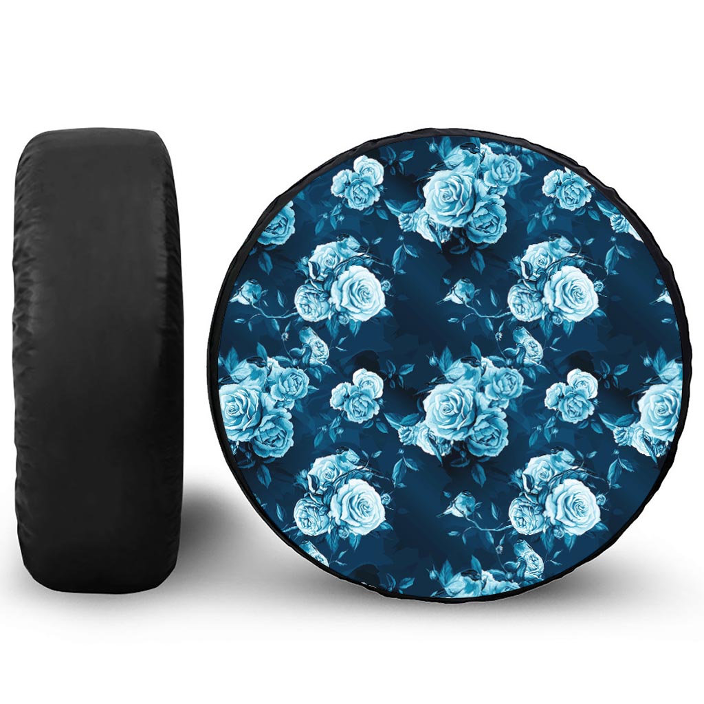 Blue Rose Floral Flower Pattern Print Leather Spare Tire Cover