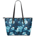 Blue Rose Floral Flower Pattern Print Leather Tote Bag With Zipper