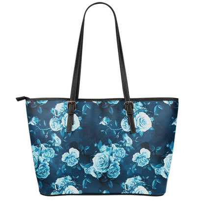 Blue Rose Floral Flower Pattern Print Leather Tote Bag