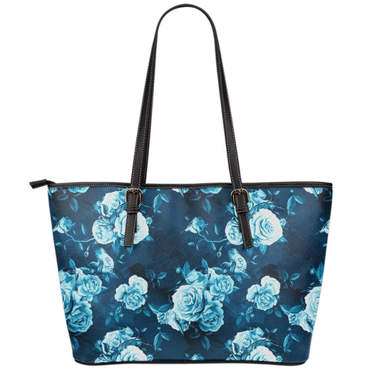 Blue Rose Floral Flower Pattern Print Leather Tote Bag