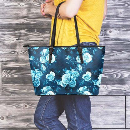 Blue Rose Floral Flower Pattern Print Leather Tote Bag
