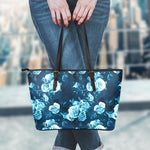 Blue Rose Floral Flower Pattern Print Leather Tote Bag
