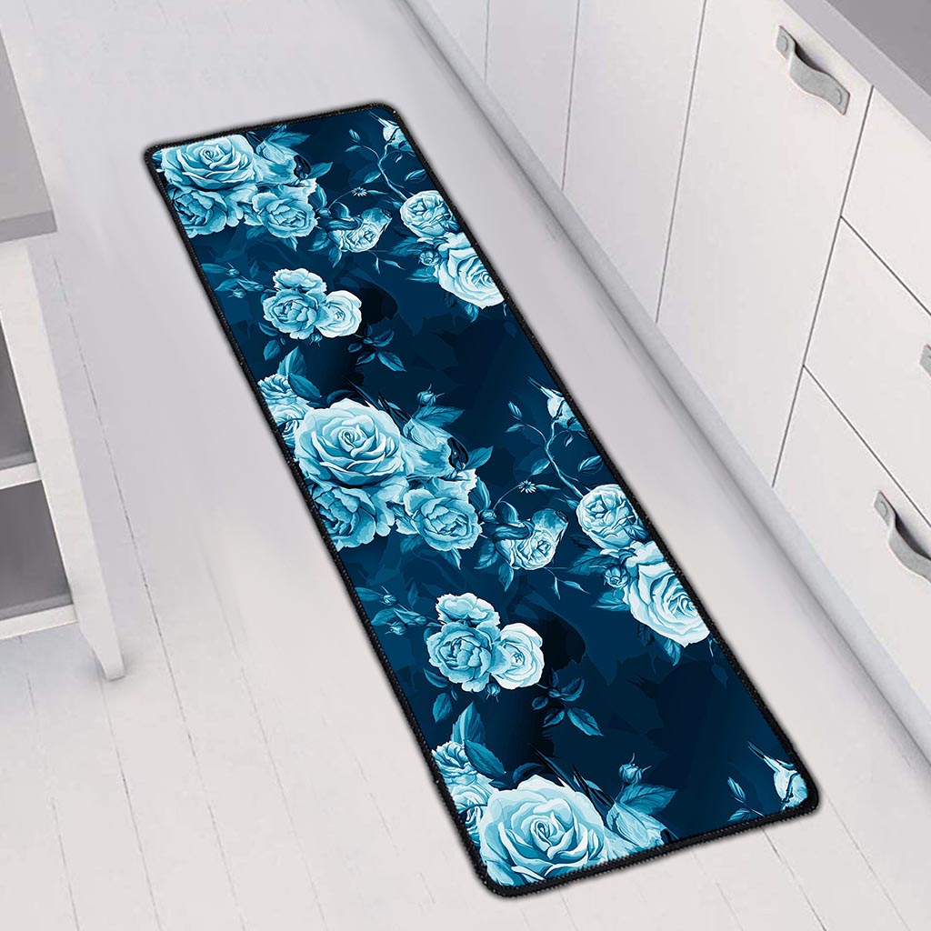 Blue Rose Floral Flower Pattern Print Long Kitchen Mat