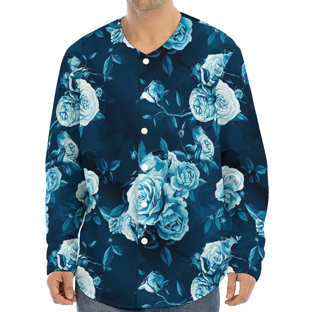 Blue Rose Floral Flower Pattern Print Long Sleeve Baseball Jersey