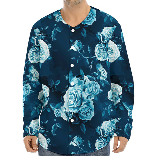 Blue Rose Floral Flower Pattern Print Long Sleeve Baseball Jersey