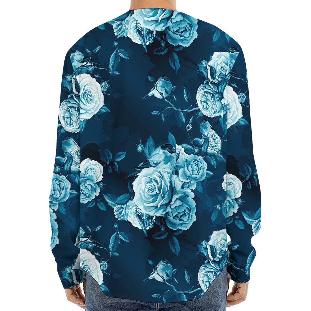 Blue Rose Floral Flower Pattern Print Long Sleeve Baseball Jersey