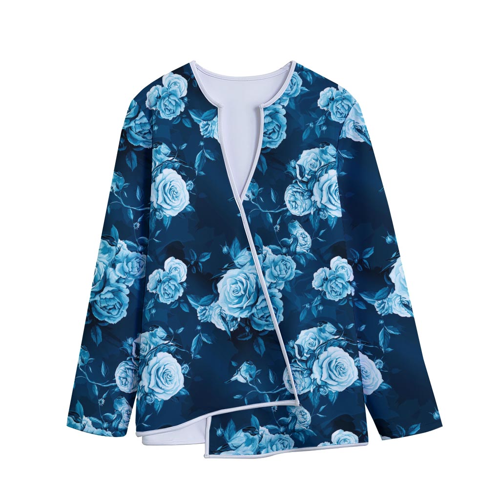 Blue Rose Floral Flower Pattern Print Long Sleeve Short Coat