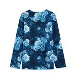 Blue Rose Floral Flower Pattern Print Long Sleeve Short Coat