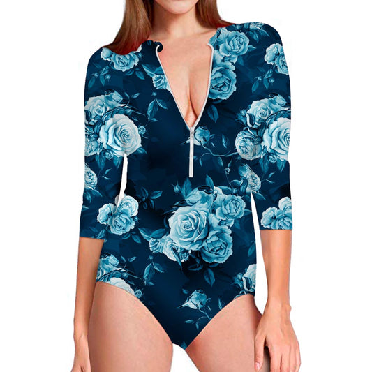 Blue Rose Floral Flower Pattern Print Long Sleeve Swimsuit