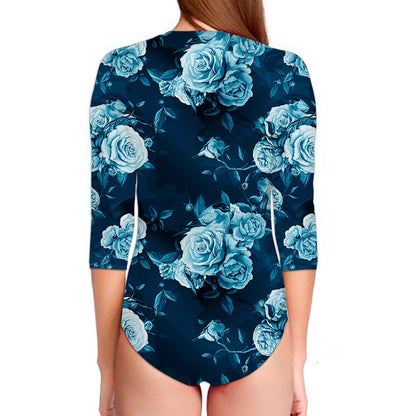Blue Rose Floral Flower Pattern Print Long Sleeve Swimsuit