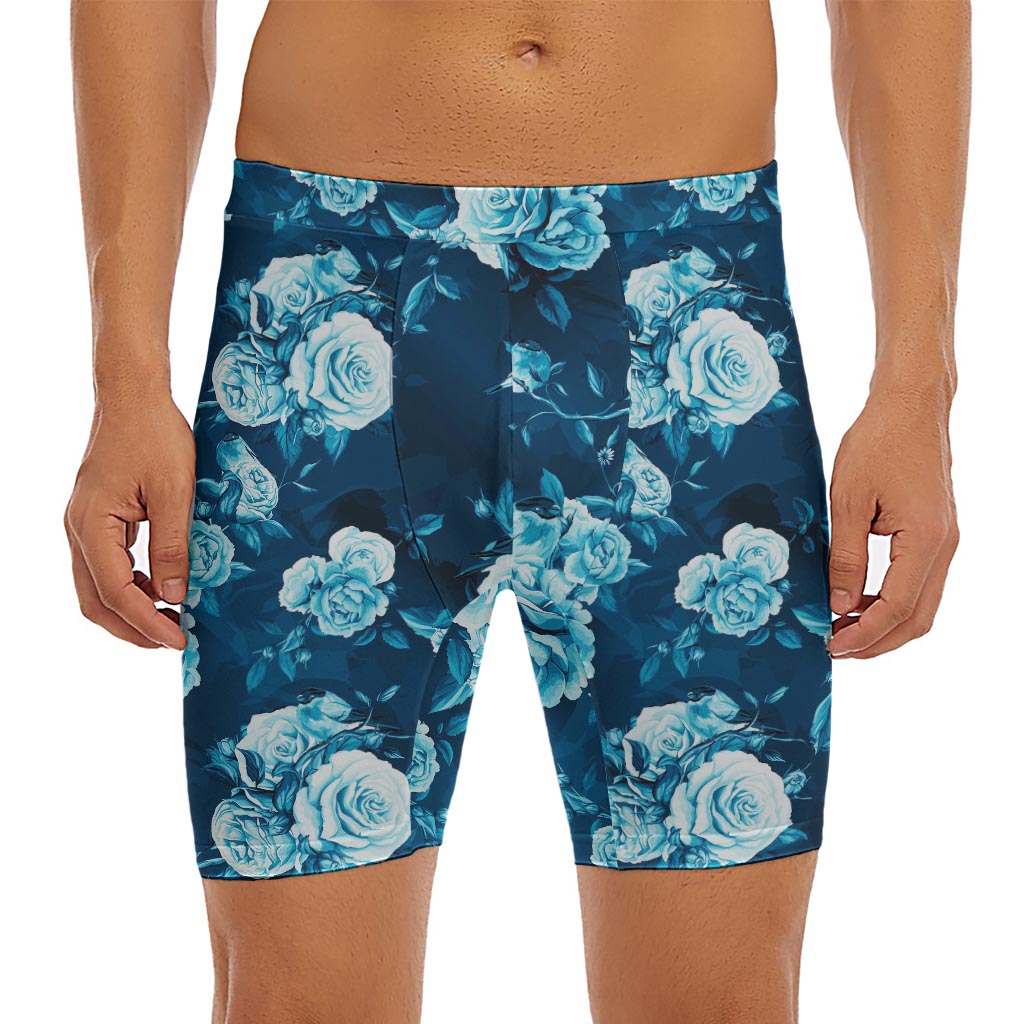 Blue Rose Floral Flower Pattern Print Men's Long Boxer Briefs