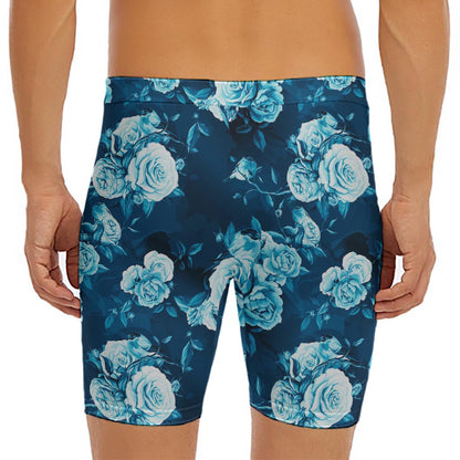 Blue Rose Floral Flower Pattern Print Men's Long Boxer Briefs