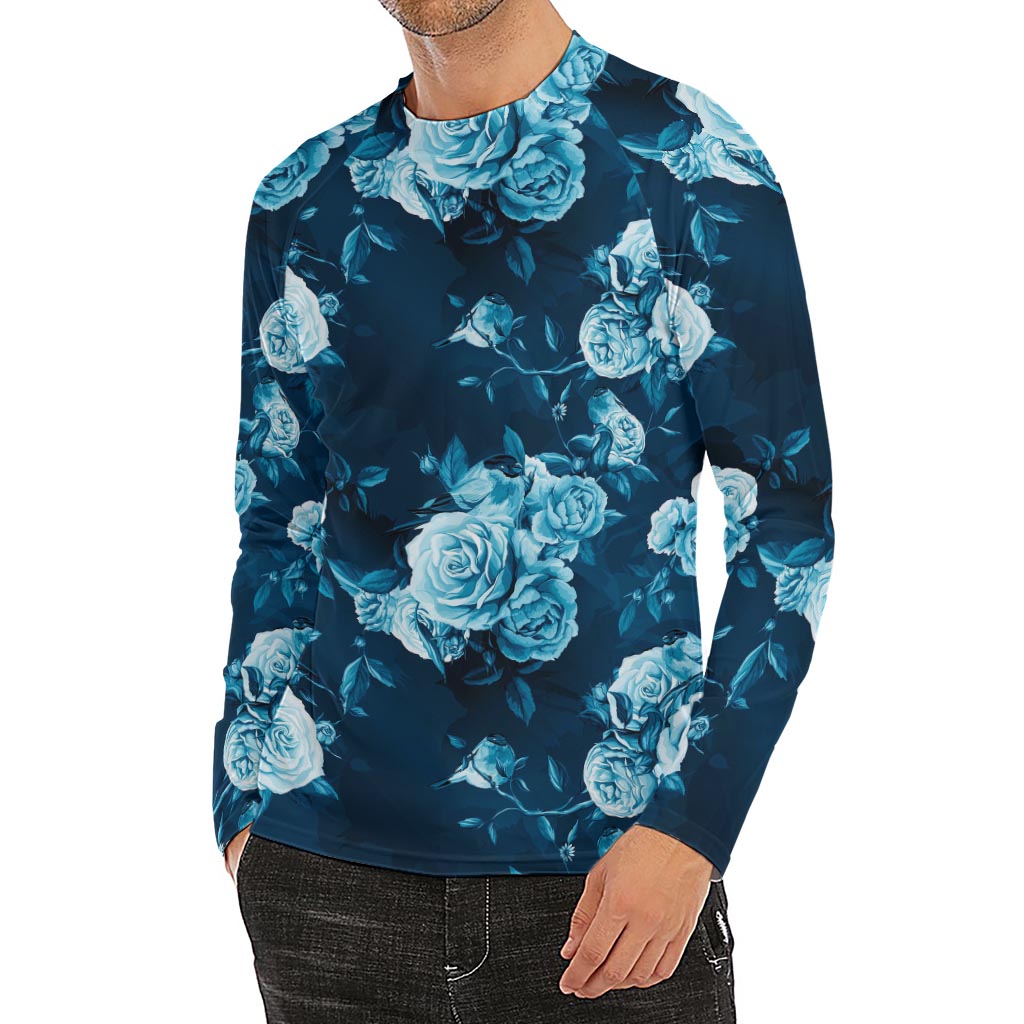 Blue Rose Floral Flower Pattern Print Men's Long Sleeve Rash Guard