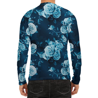 Blue Rose Floral Flower Pattern Print Men's Long Sleeve Rash Guard