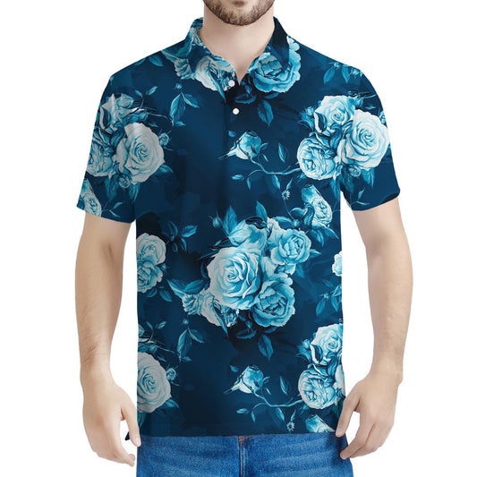 Blue Rose Floral Flower Pattern Print Men's Polo Shirt