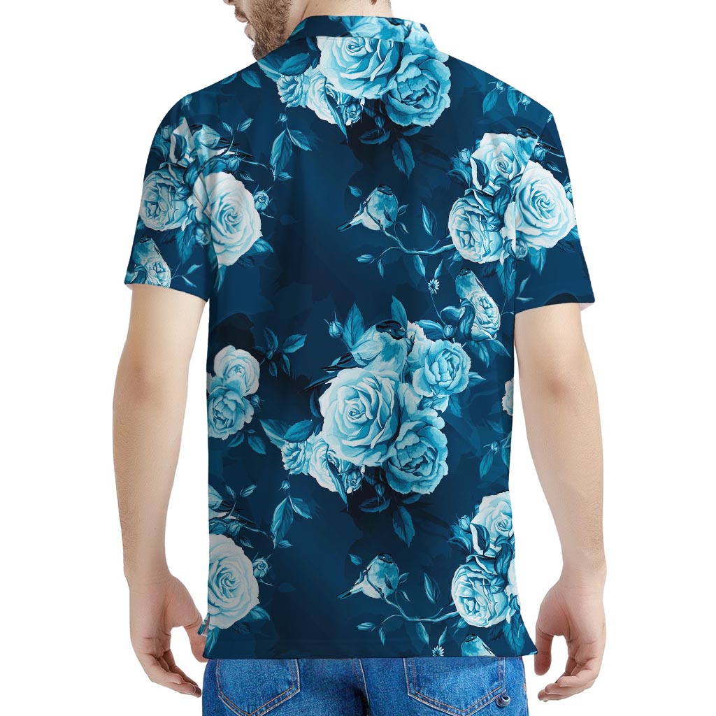Blue Rose Floral Flower Pattern Print Men's Polo Shirt