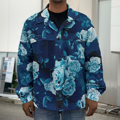 Blue Rose Floral Flower Pattern Print Men's Shirt Jacket