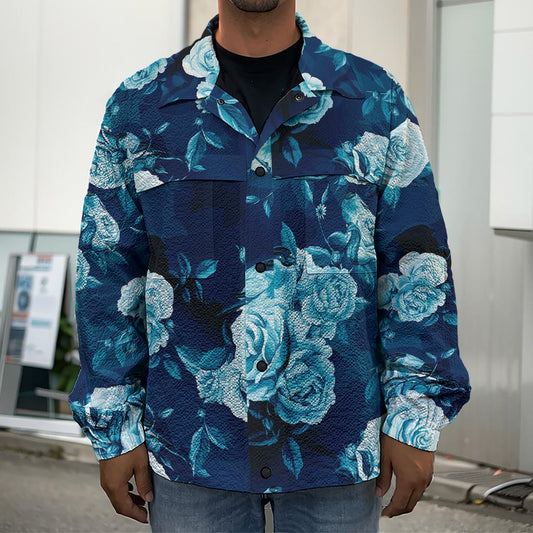 Blue Rose Floral Flower Pattern Print Men's Shirt Jacket
