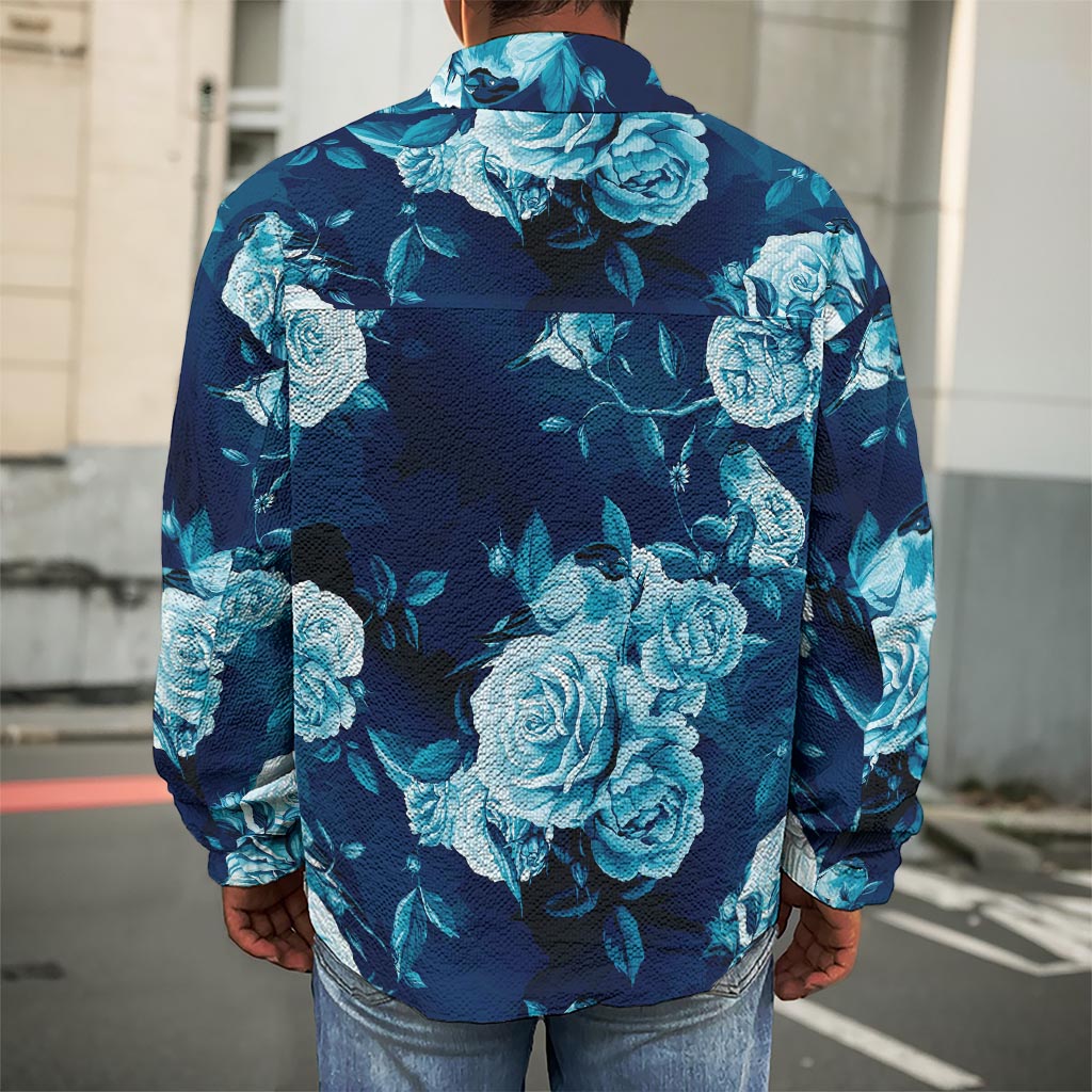 Blue Rose Floral Flower Pattern Print Men's Shirt Jacket