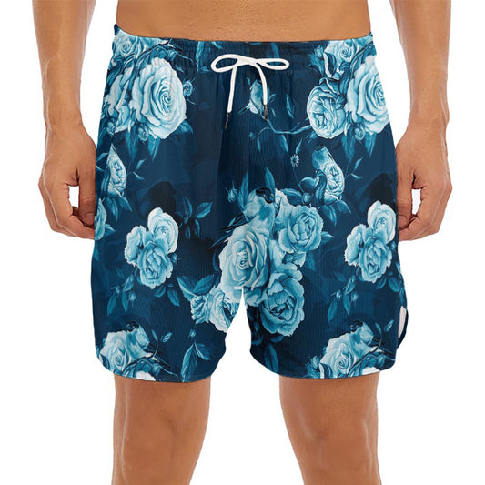 Blue Rose Floral Flower Pattern Print Men's Split Running Shorts