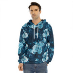 Blue Rose Floral Flower Pattern Print Men's Velvet Pullover Hoodie