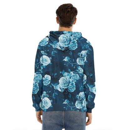 Blue Rose Floral Flower Pattern Print Men's Velvet Pullover Hoodie