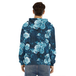 Blue Rose Floral Flower Pattern Print Men's Velvet Pullover Hoodie