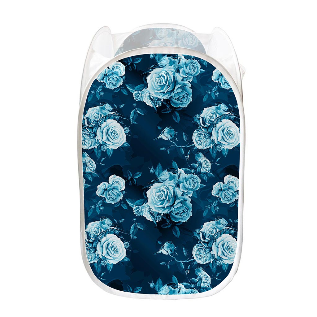 Blue Rose Floral Flower Pattern Print Mesh Laundry Hamper