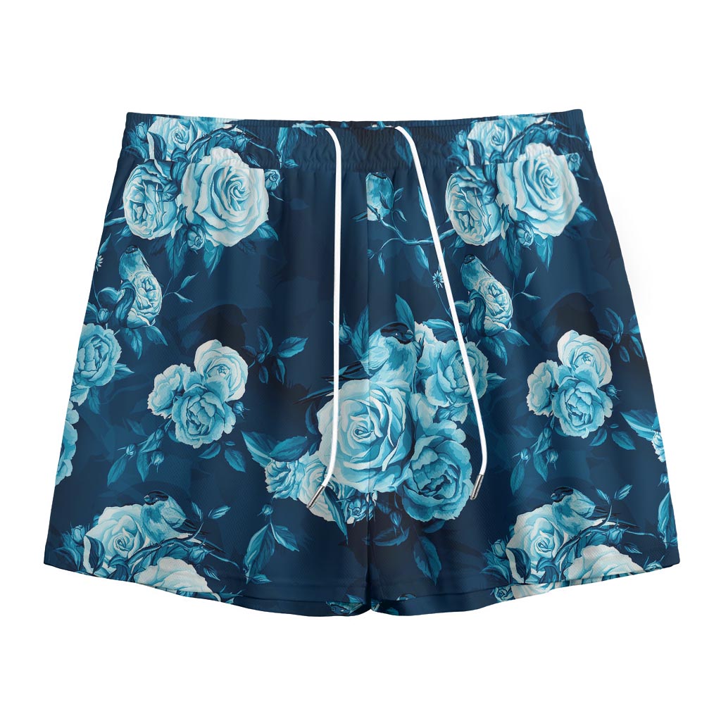 Blue Rose Floral Flower Pattern Print Mesh Shorts