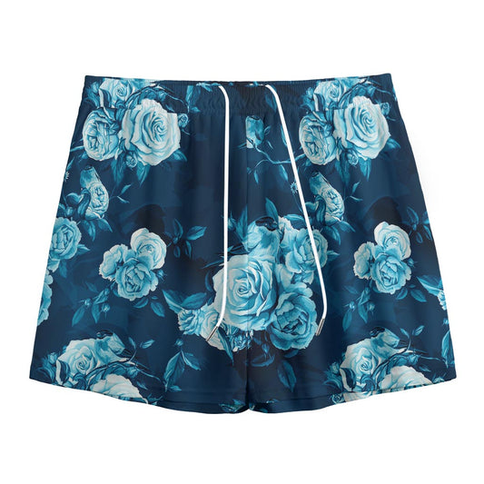 Blue Rose Floral Flower Pattern Print Mesh Shorts